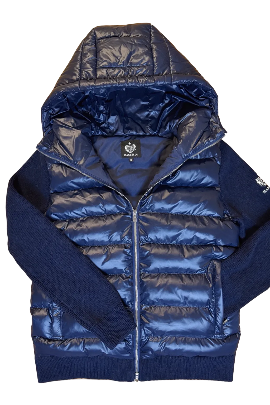 BLAUE STRICKJACKE MIT KAPUZE